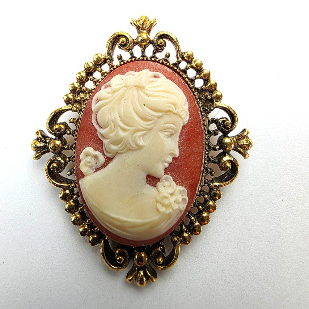 Vintage Gold Tone Filigree Cameo Brooch Classical Lady Profile Costume Jewelry